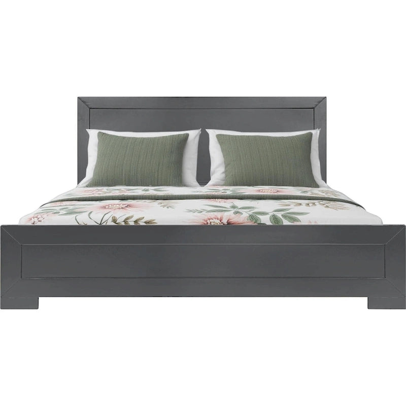 Cadre de lit Queen en bois avec panneaux incrustés gris et tête de lit, style contemporain
