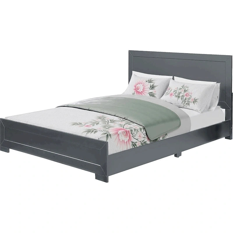 Cadre de lit Queen en bois avec panneaux incrustés gris et tête de lit, style contemporain