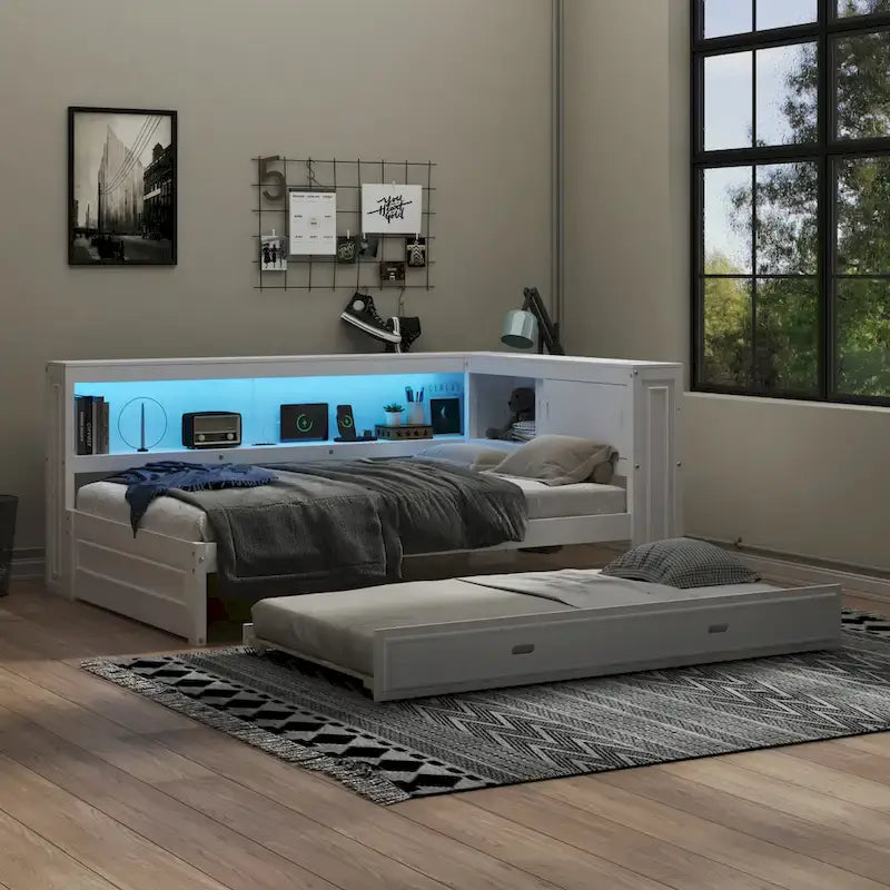 Lit de repos double avec lumières LED, chargement USB et étagères de rangement en blanc
