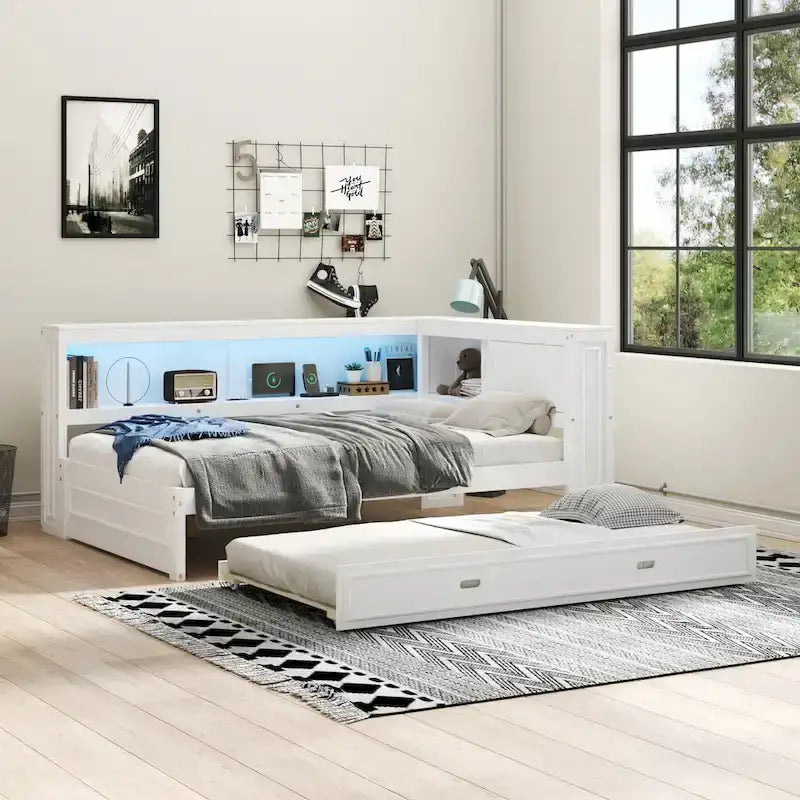 Lit de repos double avec lumières LED, chargement USB et étagères de rangement en blanc