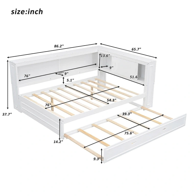 Lit de repos double avec lumières LED, chargement USB et étagères de rangement en blanc