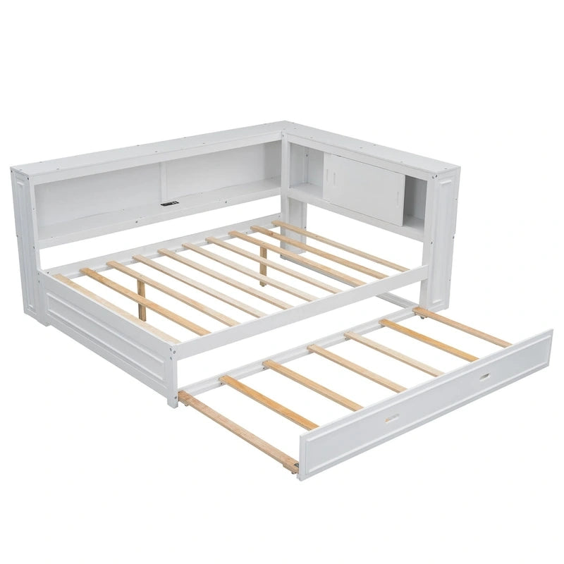 Lit de repos double avec lumières LED, chargement USB et étagères de rangement en blanc
