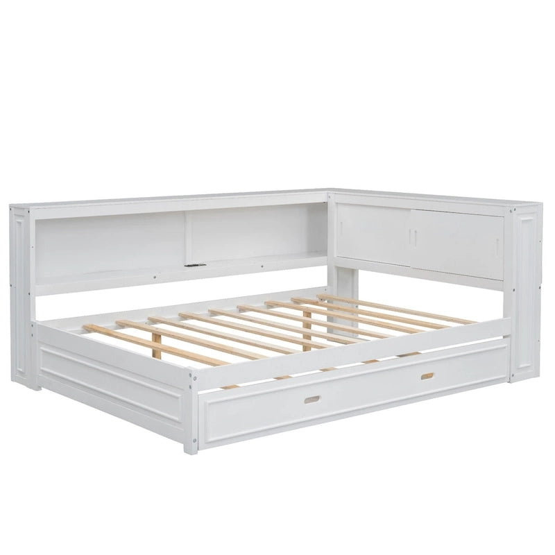 Lit de repos double avec lumières LED, chargement USB et étagères de rangement en blanc