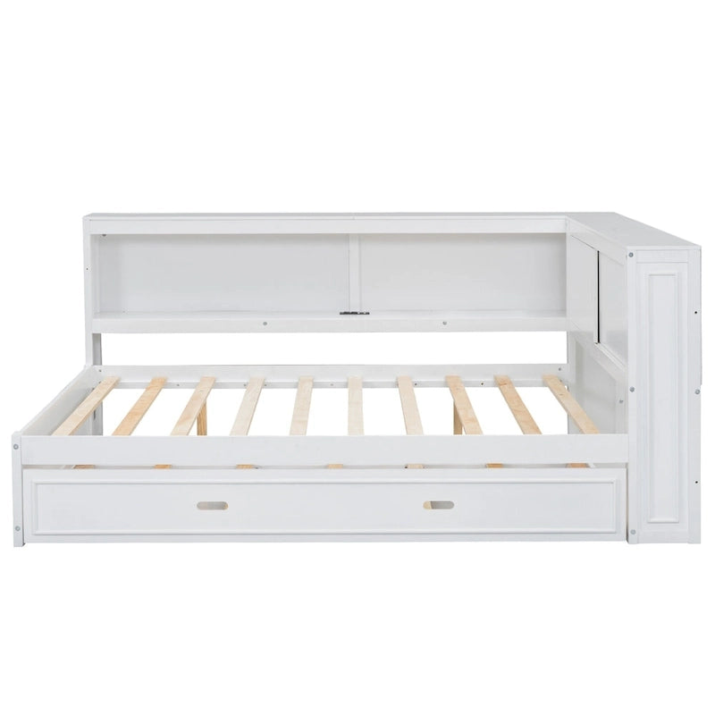 Lit de repos double avec lumières LED, chargement USB et étagères de rangement en blanc