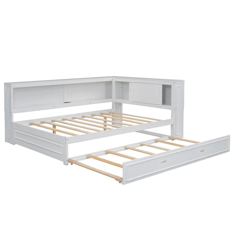 Lit de repos double avec lumières LED, chargement USB et étagères de rangement en blanc