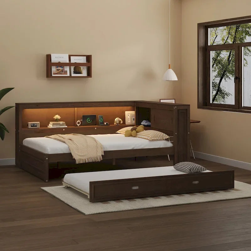 Lit de repos double avec lumières LED, chargement USB et étagères de rangement en blanc