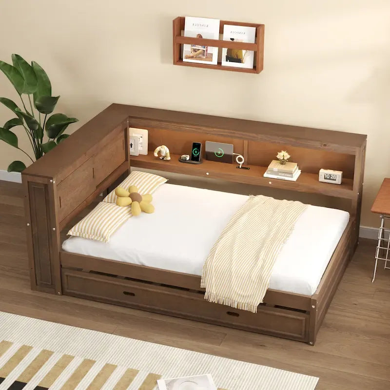 Lit de repos double avec lumières LED, chargement USB et étagères de rangement en blanc
