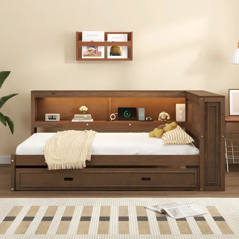Lit de repos double avec lumières LED, chargement USB et étagères de rangement en blanc