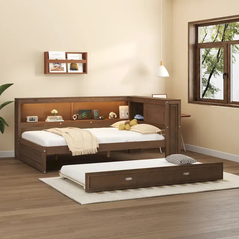 Lit de repos double avec lumières LED, chargement USB et étagères de rangement en blanc