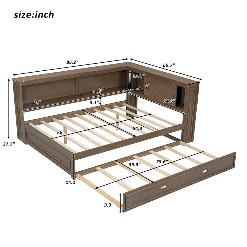 Lit de repos double avec lumières LED, chargement USB et étagères de rangement en blanc