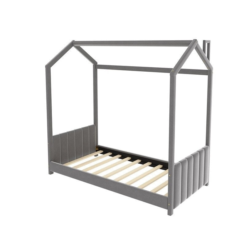 Cadre de lit enfant en velours gris avec toit en pin