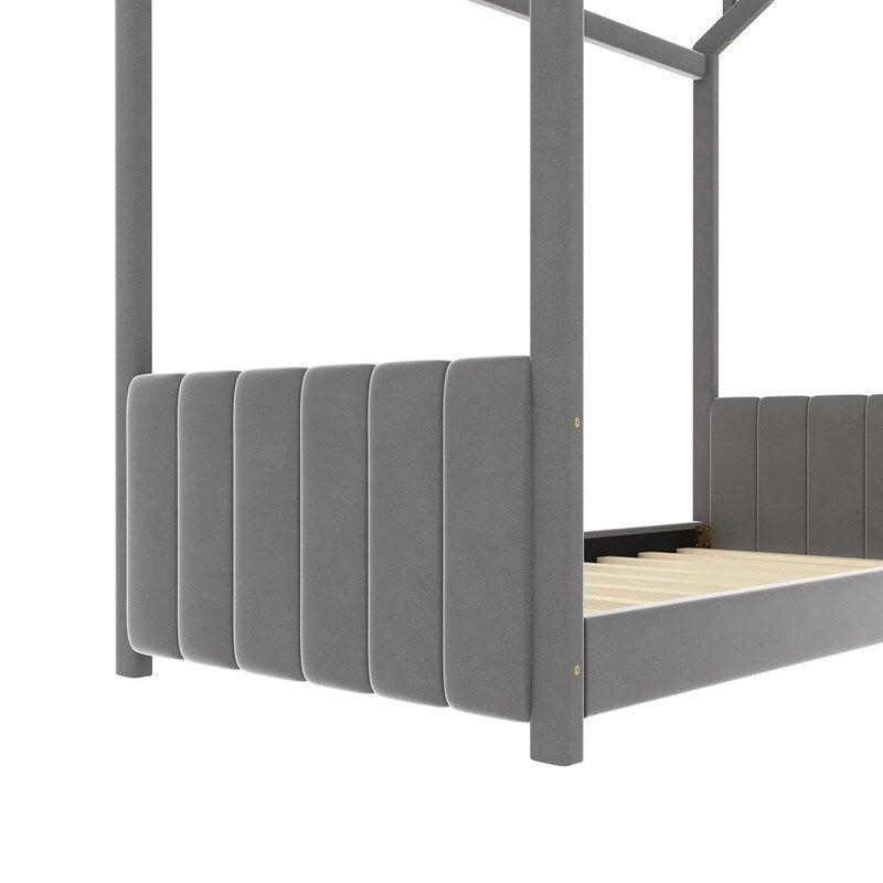 Cadre de lit enfant en velours gris avec toit en pin