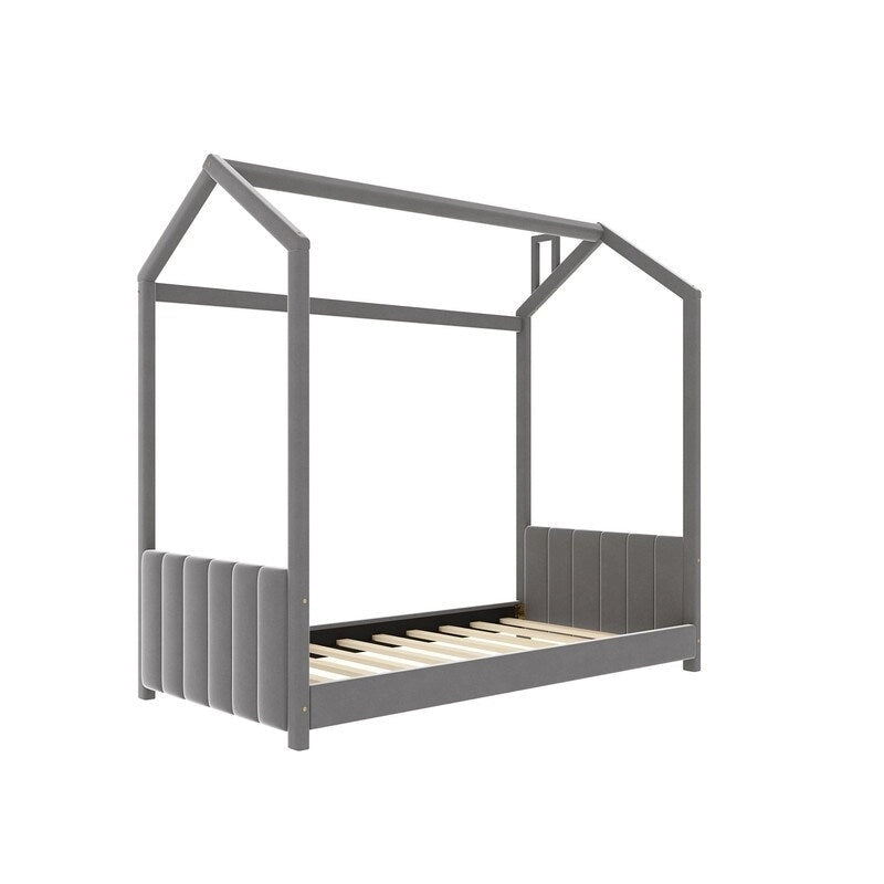 Cadre de lit enfant en velours gris avec toit en pin