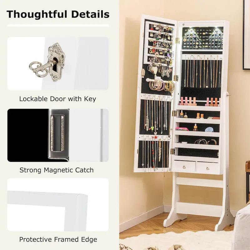Armoire à Bijoux sur Pied avec Miroir Verrouillable et Lumières LED