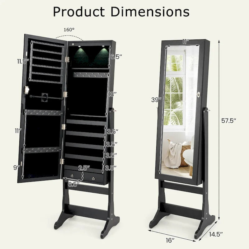 Armoire à Bijoux sur Pied avec Miroir Verrouillable et Lumières LED