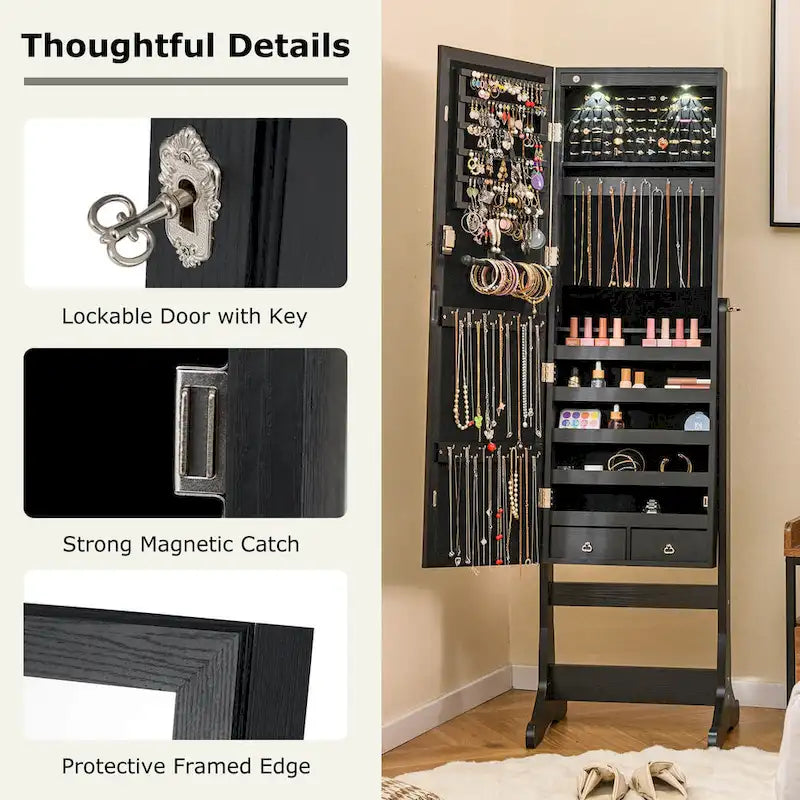 Armoire à Bijoux sur Pied avec Miroir Verrouillable et Lumières LED