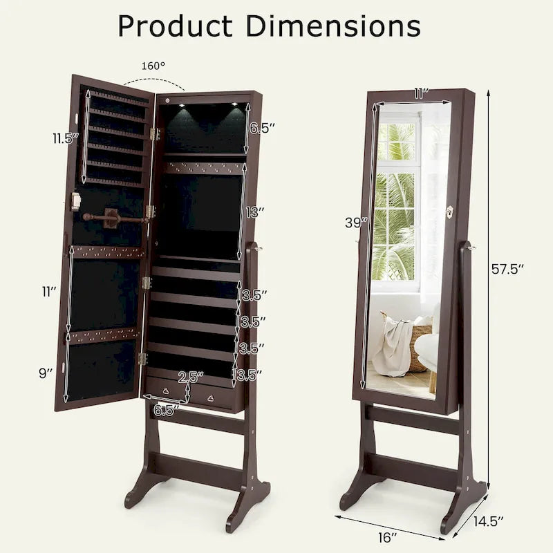 Armoire à Bijoux sur Pied avec Miroir Verrouillable et Lumières LED