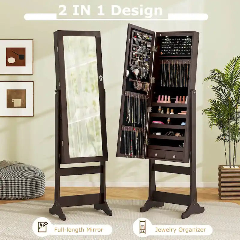 Armoire à Bijoux sur Pied avec Miroir Verrouillable et Lumières LED