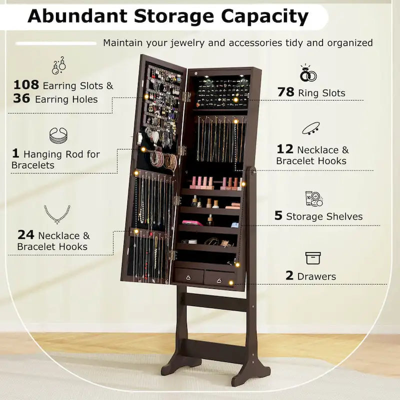 Armoire à Bijoux sur Pied avec Miroir Verrouillable et Lumières LED