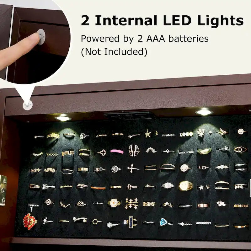 Armoire à Bijoux sur Pied avec Miroir Verrouillable et Lumières LED