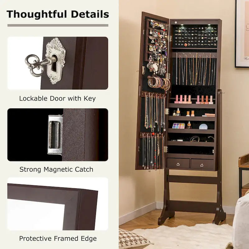 Armoire à Bijoux sur Pied avec Miroir Verrouillable et Lumières LED