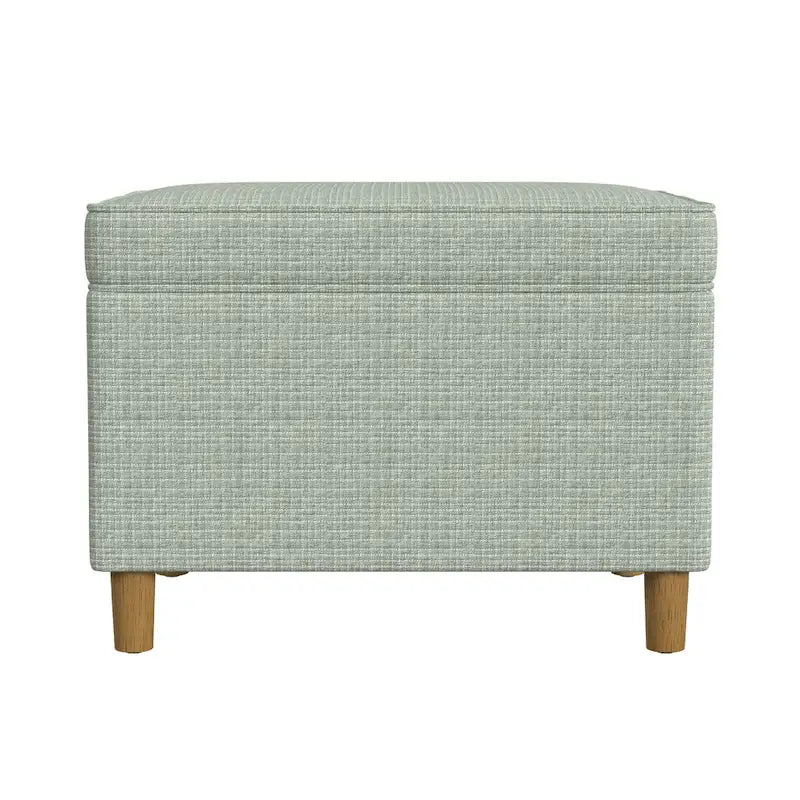 Pouf de rangement tissé vert sauge avec dessus relevable, espace de rangement dissimulé et pieds en bois marron