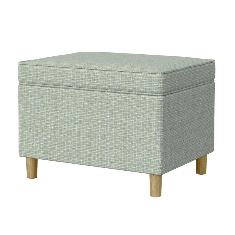 Pouf de rangement tissé vert sauge avec dessus relevable, espace de rangement dissimulé et pieds en bois marron