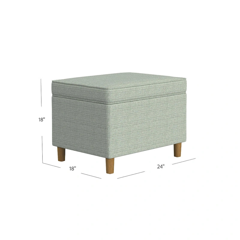 Pouf de rangement tissé vert sauge avec dessus relevable, espace de rangement dissimulé et pieds en bois marron