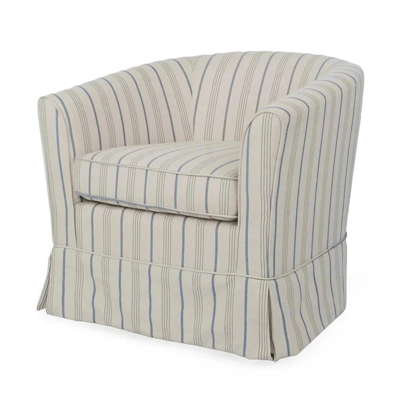 Fauteuil pivotant rond à jupe en tissu rayé blanc et gris