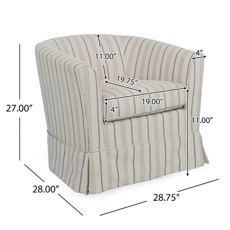 Fauteuil pivotant rond à jupe en tissu rayé blanc et gris