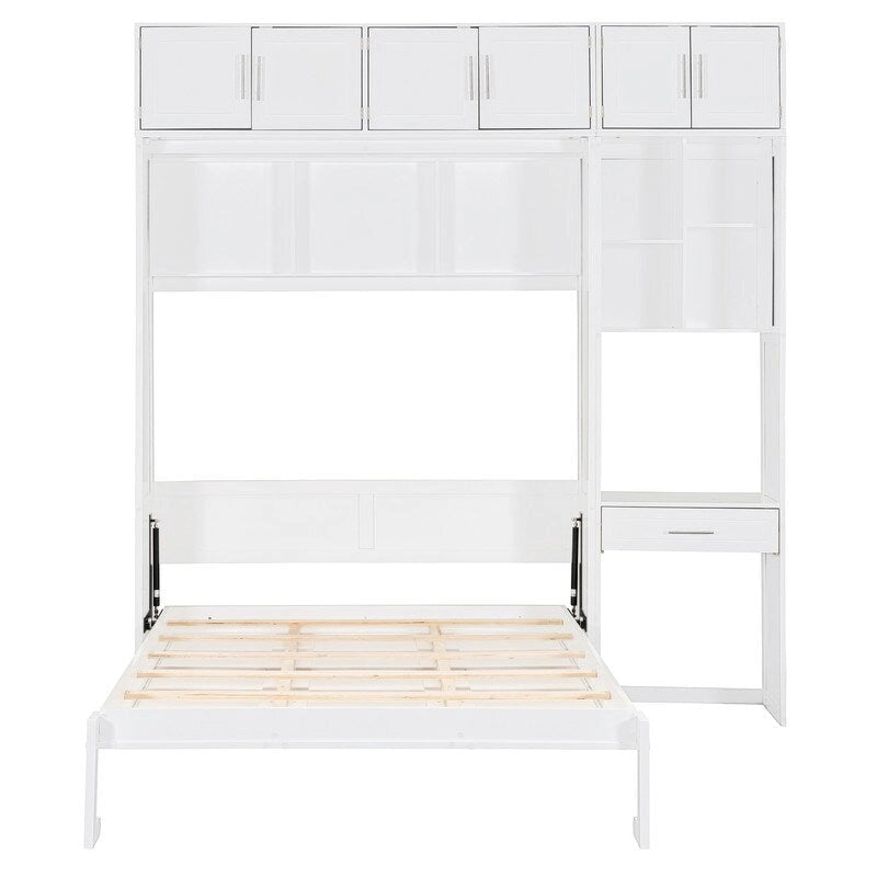Lit escamotable mural avec bureau intégré, armoires de rangement et étagères latérales, blanc