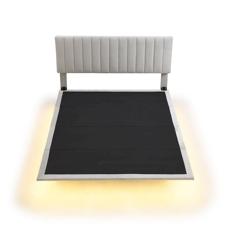 Lit plateforme queen en velours gris avec capteur de lumière LED et tête de lit capitonnée