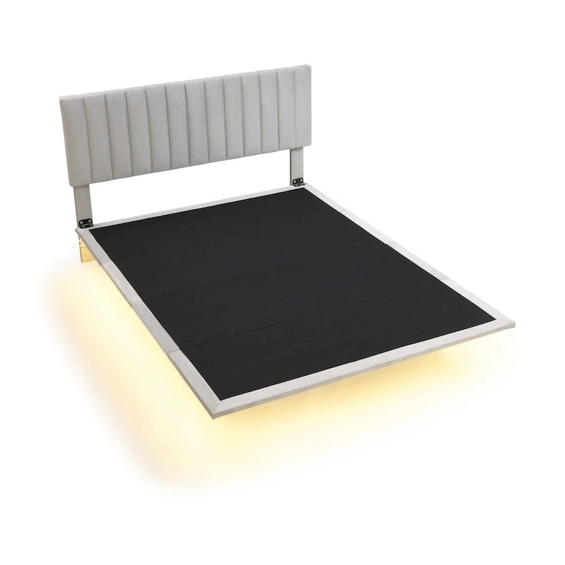 Lit plateforme queen en velours gris avec capteur de lumière LED et tête de lit capitonnée