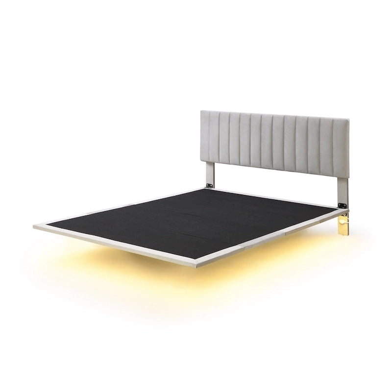 Lit plateforme queen en velours gris avec capteur de lumière LED et tête de lit capitonnée