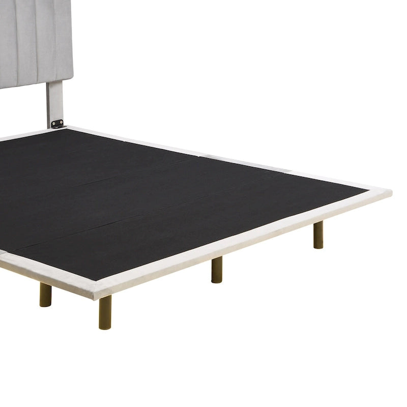 Lit plateforme queen en velours gris avec capteur de lumière LED et tête de lit capitonnée