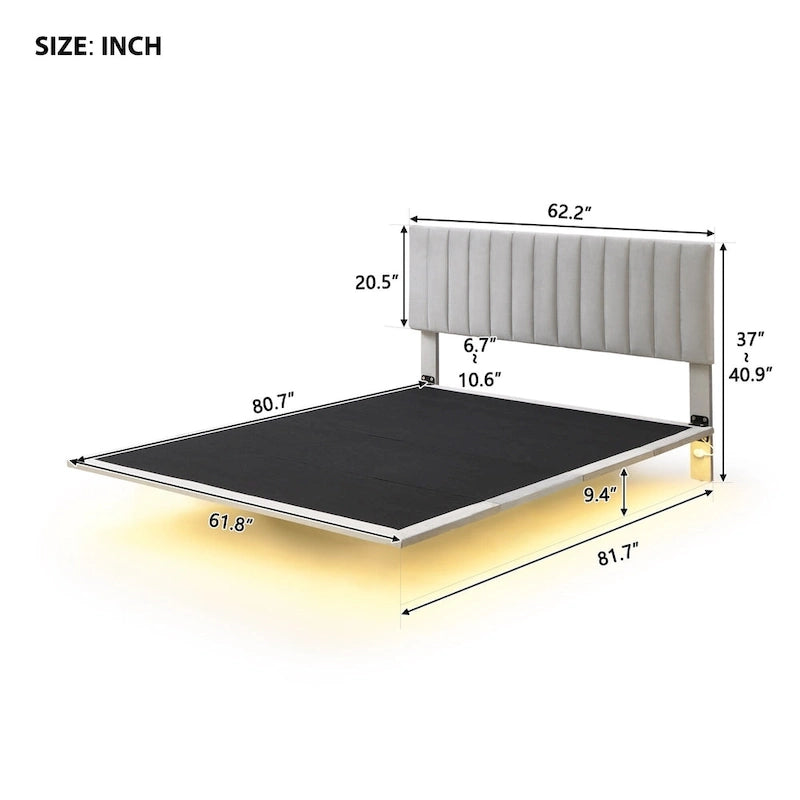 Lit plateforme queen en velours gris avec capteur de lumière LED et tête de lit capitonnée
