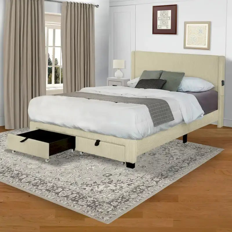 Lit plateforme queen avec tête de lit capitonnée en velours côtelé beige et tiroirs de rangement au pied de lit