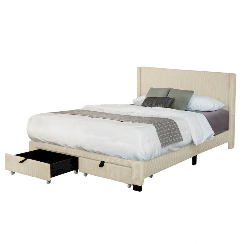Lit plateforme queen avec tête de lit capitonnée en velours côtelé beige et tiroirs de rangement au pied de lit