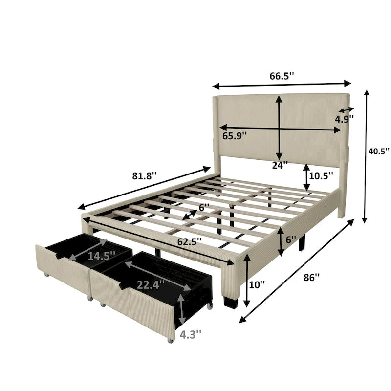 Lit plateforme queen avec tête de lit capitonnée en velours côtelé beige et tiroirs de rangement au pied de lit