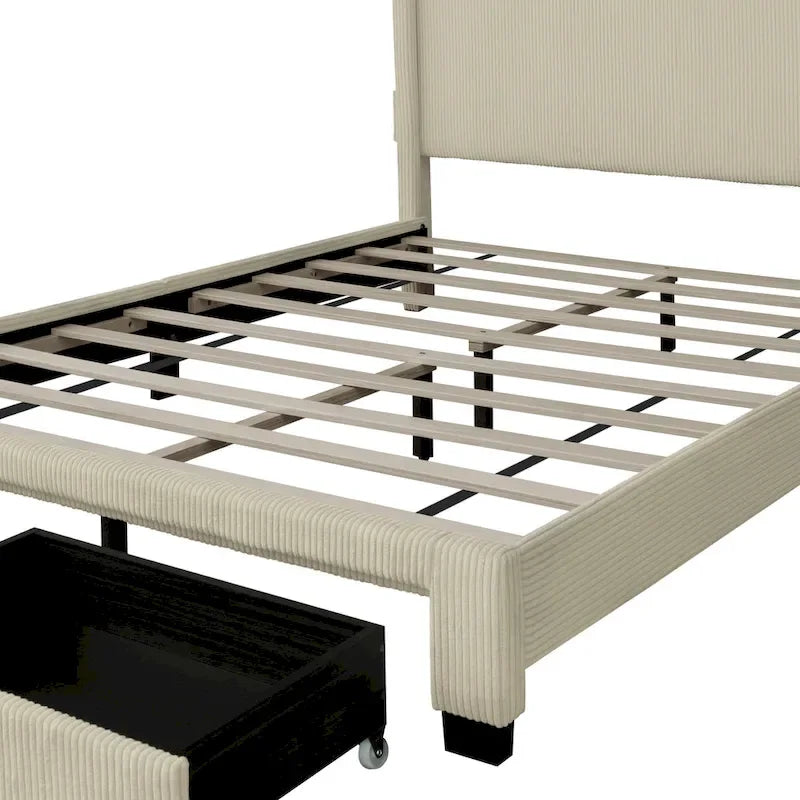 Lit plateforme queen avec tête de lit capitonnée en velours côtelé beige et tiroirs de rangement au pied de lit