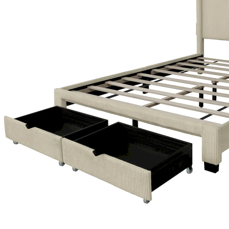 Lit plateforme queen avec tête de lit capitonnée en velours côtelé beige et tiroirs de rangement au pied de lit