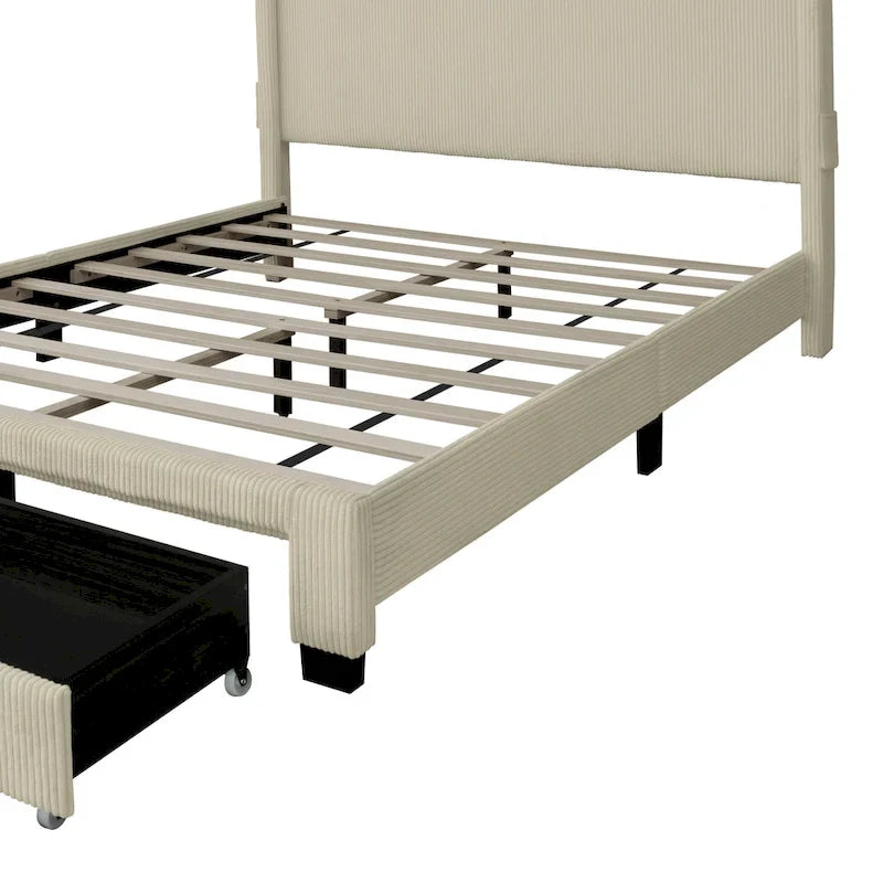Lit plateforme queen avec tête de lit capitonnée en velours côtelé beige et tiroirs de rangement au pied de lit