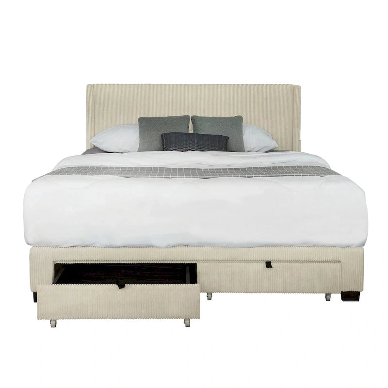 Lit plateforme queen avec tête de lit capitonnée en velours côtelé beige et tiroirs de rangement au pied de lit