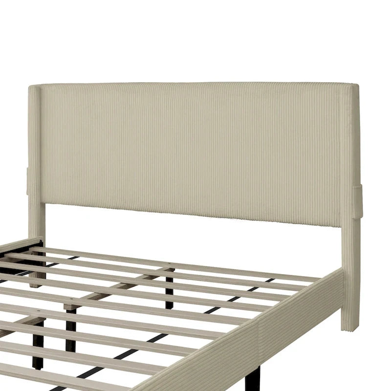 Lit plateforme queen avec tête de lit capitonnée en velours côtelé beige et tiroirs de rangement au pied de lit