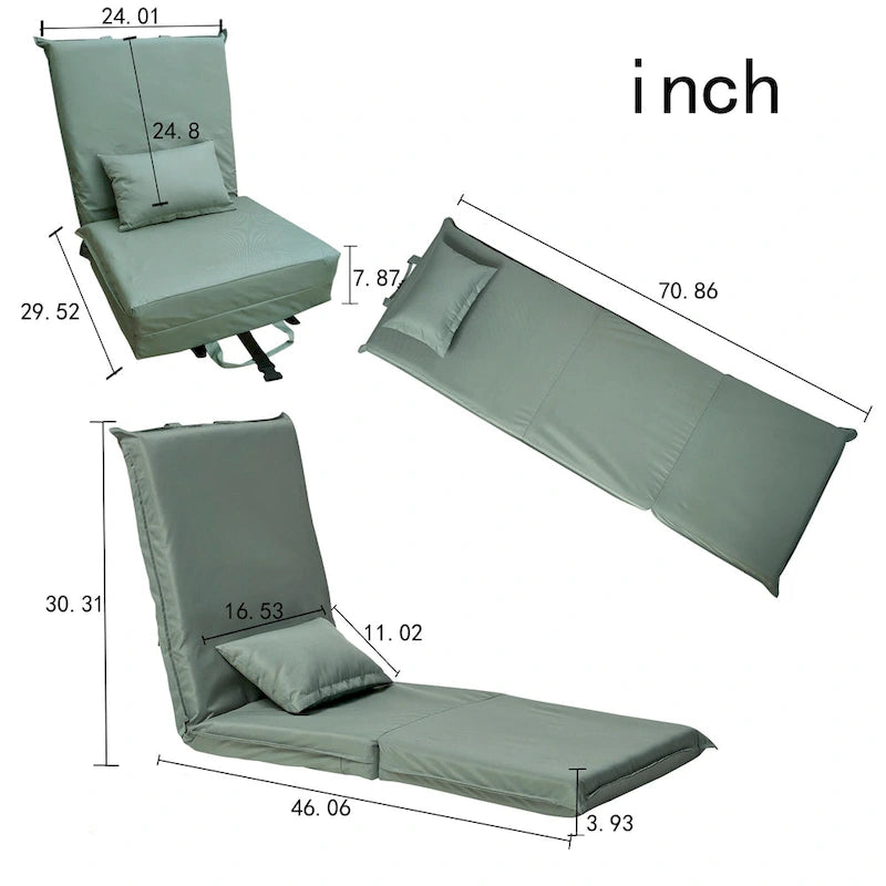 Chaise longue de sol pliable vert clair avec dossier réglable sur 14 positions et sac de transport