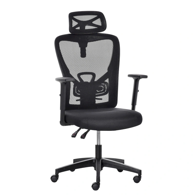 Chaise de bureau ergonomique en filet à dossier haut avec soutien lombaire et appui-tête réglable noir