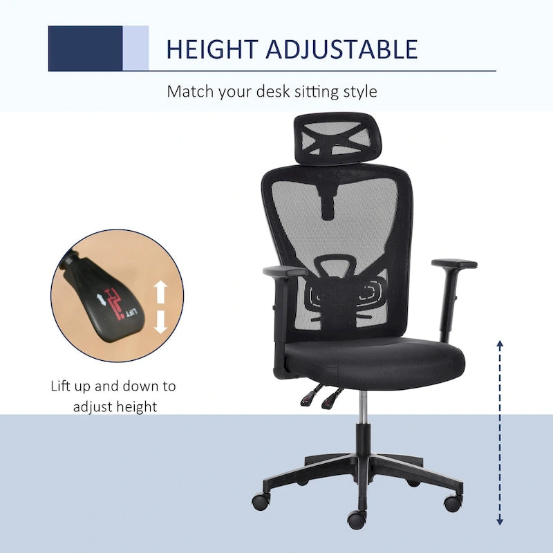 Chaise de bureau ergonomique en filet à dossier haut avec soutien lombaire et appui-tête réglable noir