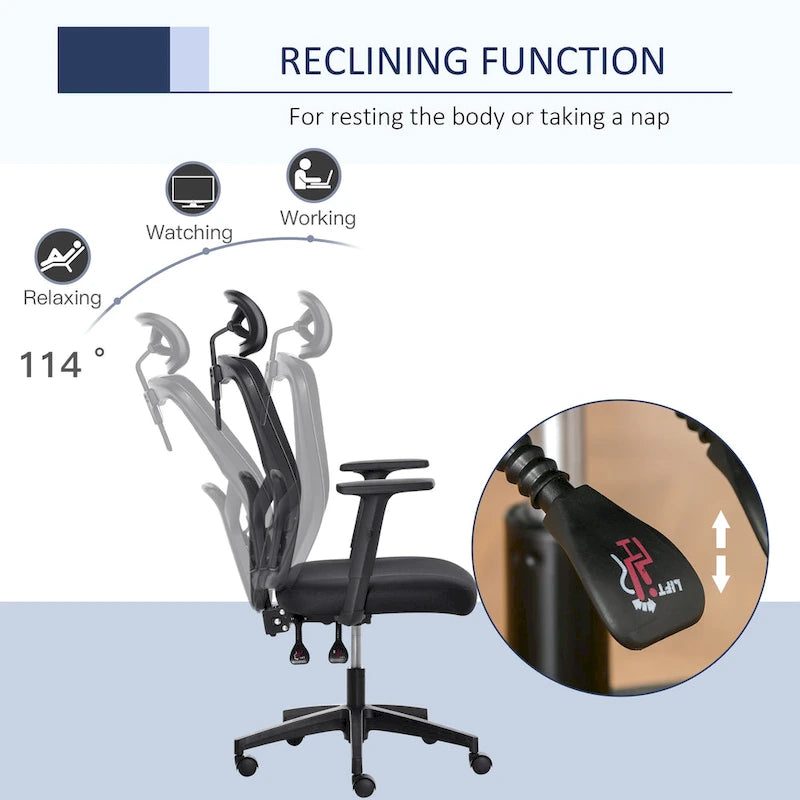 Chaise de bureau ergonomique en filet à dossier haut avec soutien lombaire et appui-tête réglable noir