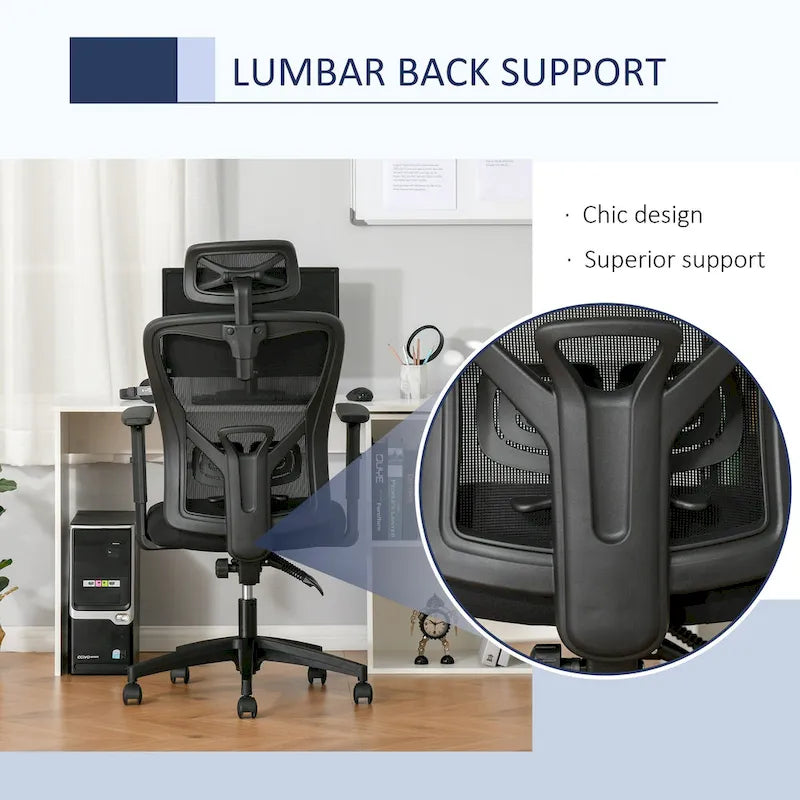 Chaise de bureau ergonomique en filet à dossier haut avec soutien lombaire et appui-tête réglable noir