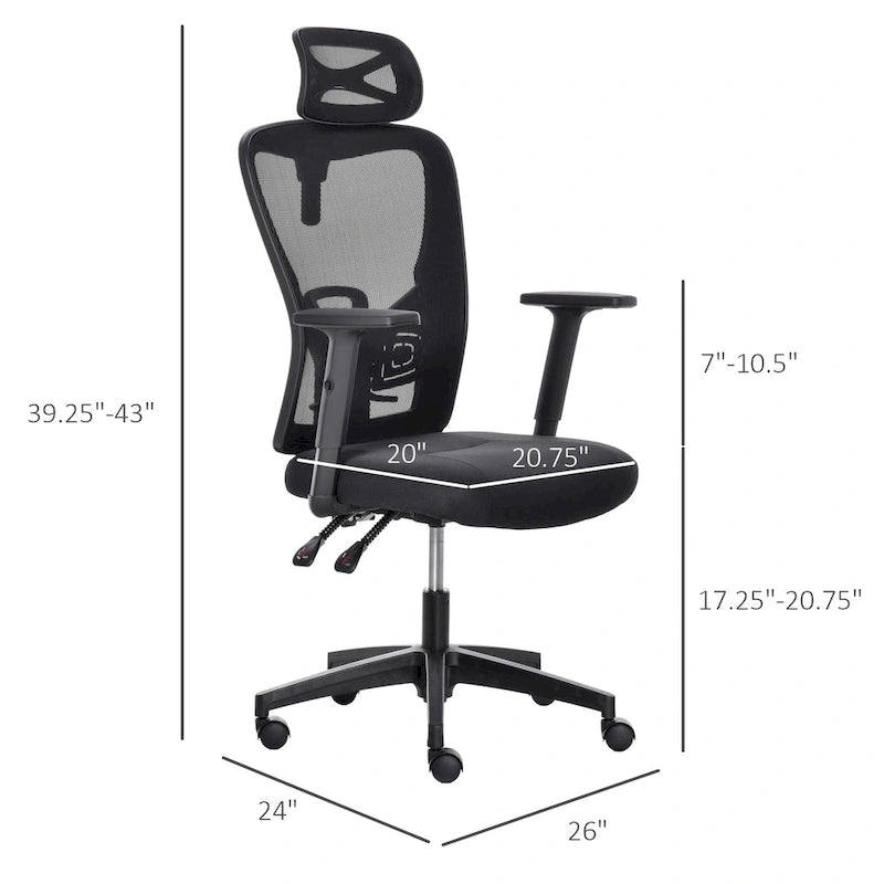 Chaise de bureau ergonomique en filet à dossier haut avec soutien lombaire et appui-tête réglable noir